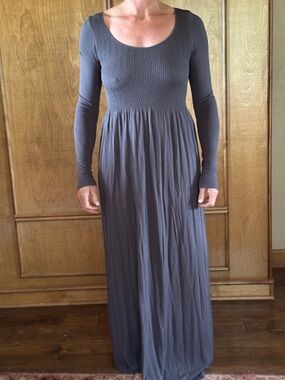 Smocked Bodice Long Sleeve Maxi Dress in Gray